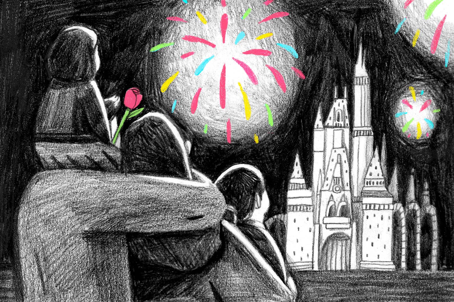 Mother, father, and two children holding a flower looking at fireworks over Cinderella Castle at Disney World.