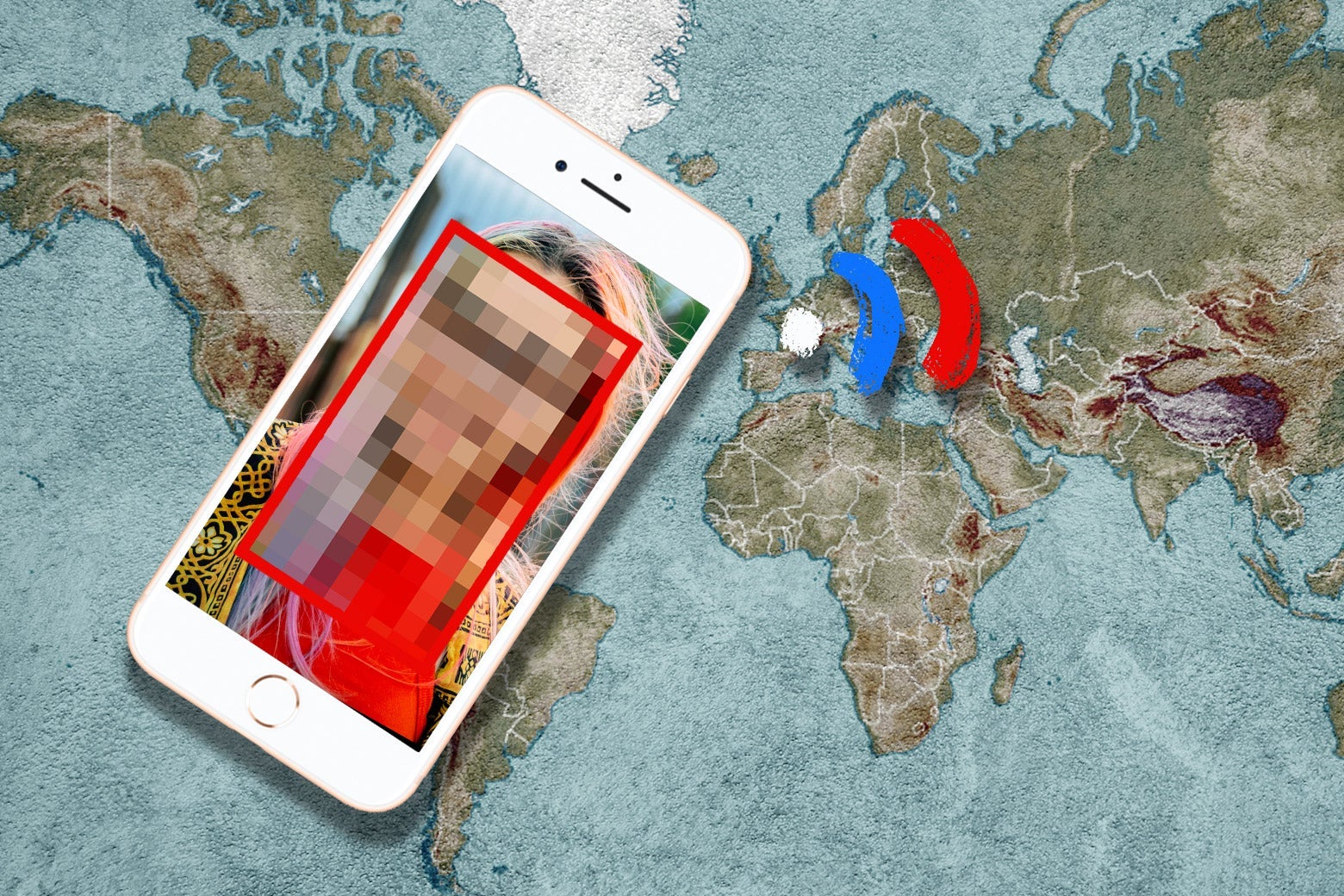Photo illustration of a blurred out face on a smartphone screen broadcasting to Russia.
