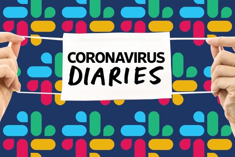 A face mask with the words "CORONAVIRUS DIARIES" is held over a background of Slack symbols.