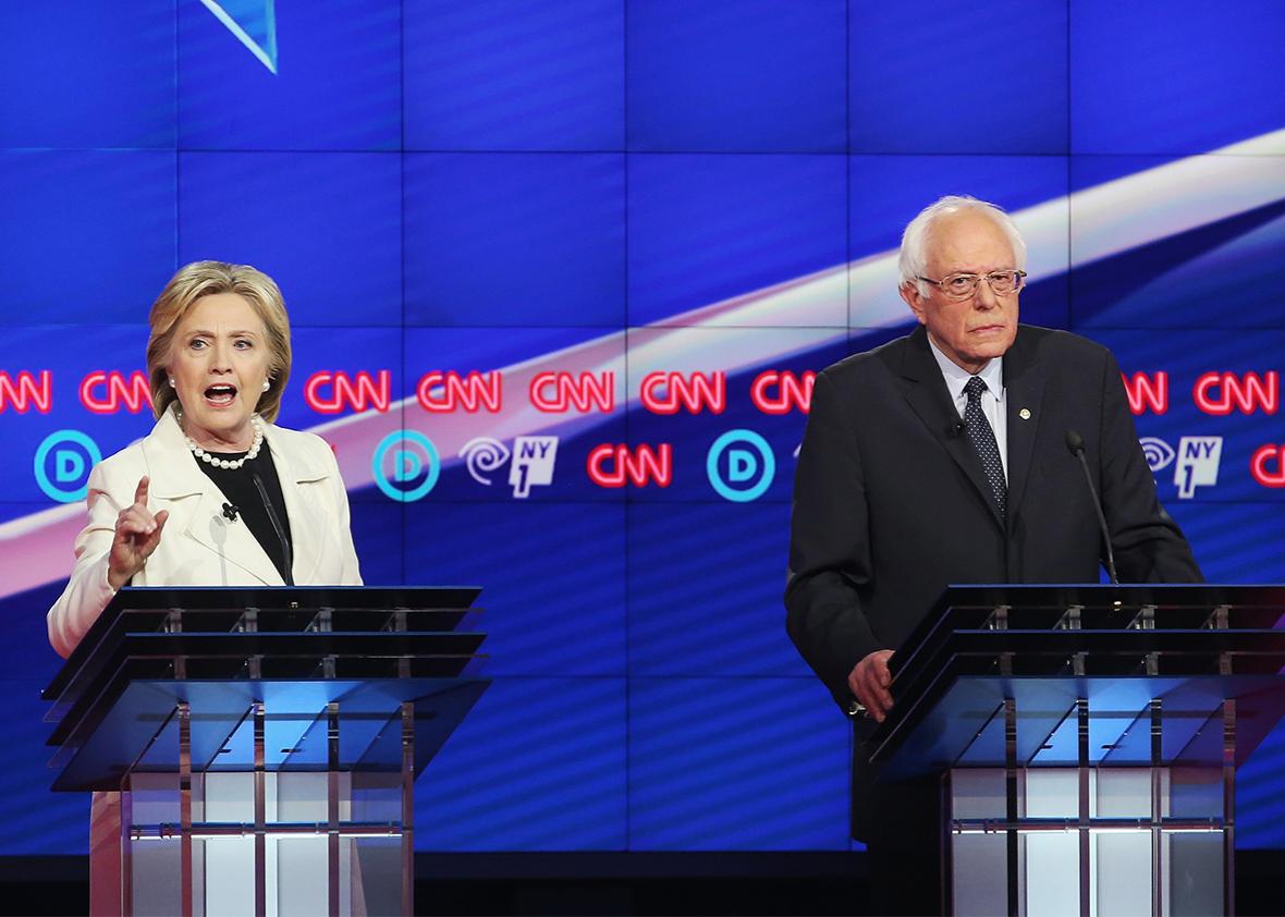 Democratic Presidential candidates Hillary Clinton and Sen. Bernie Sanders debate during the CNN Democratic Presidential Primary Debate at the Duggal Greenhouse in the Brooklyn Navy Yard on April 14, 2016 in New York City. 