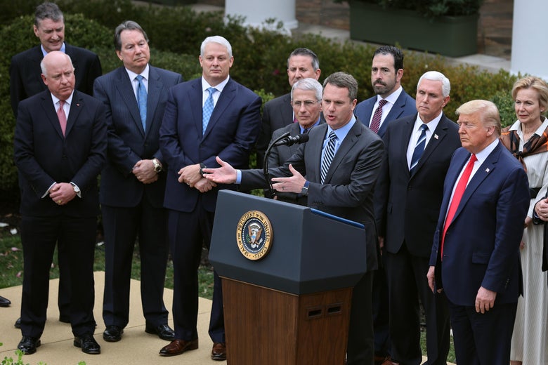 Walmart CEO Doug McMillon makes brief remarks during a news conference with U.S. President Donald Trump after he declared a national emergency in reaction to the ongoing global coronavirus pandemic in the Rose Garden at the White House March 13, 2020.