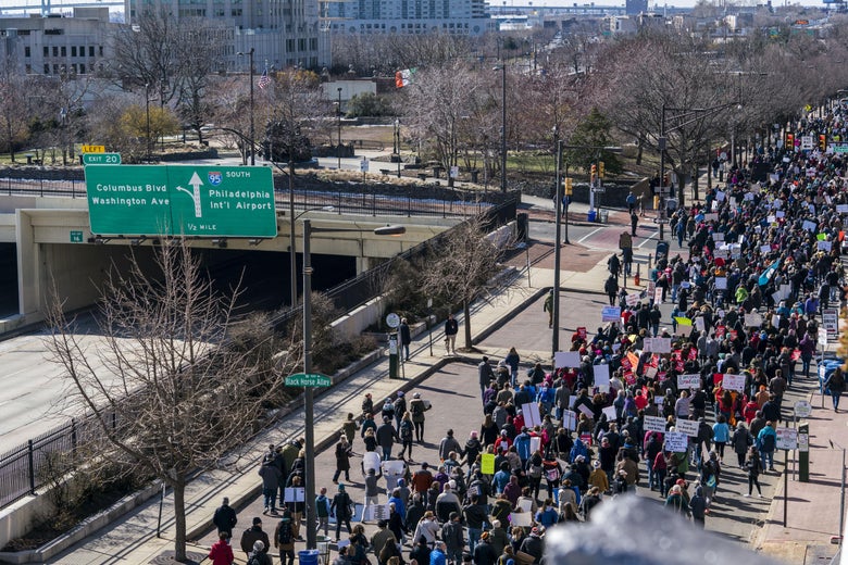 Demonstrators participate in the March for Our Lives rally on March 24, 2018 in Philadelphia, Pennsylvania. 