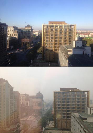 Two comparison photos from the author's Beijing hotel room, of a clear and a smoggy day.