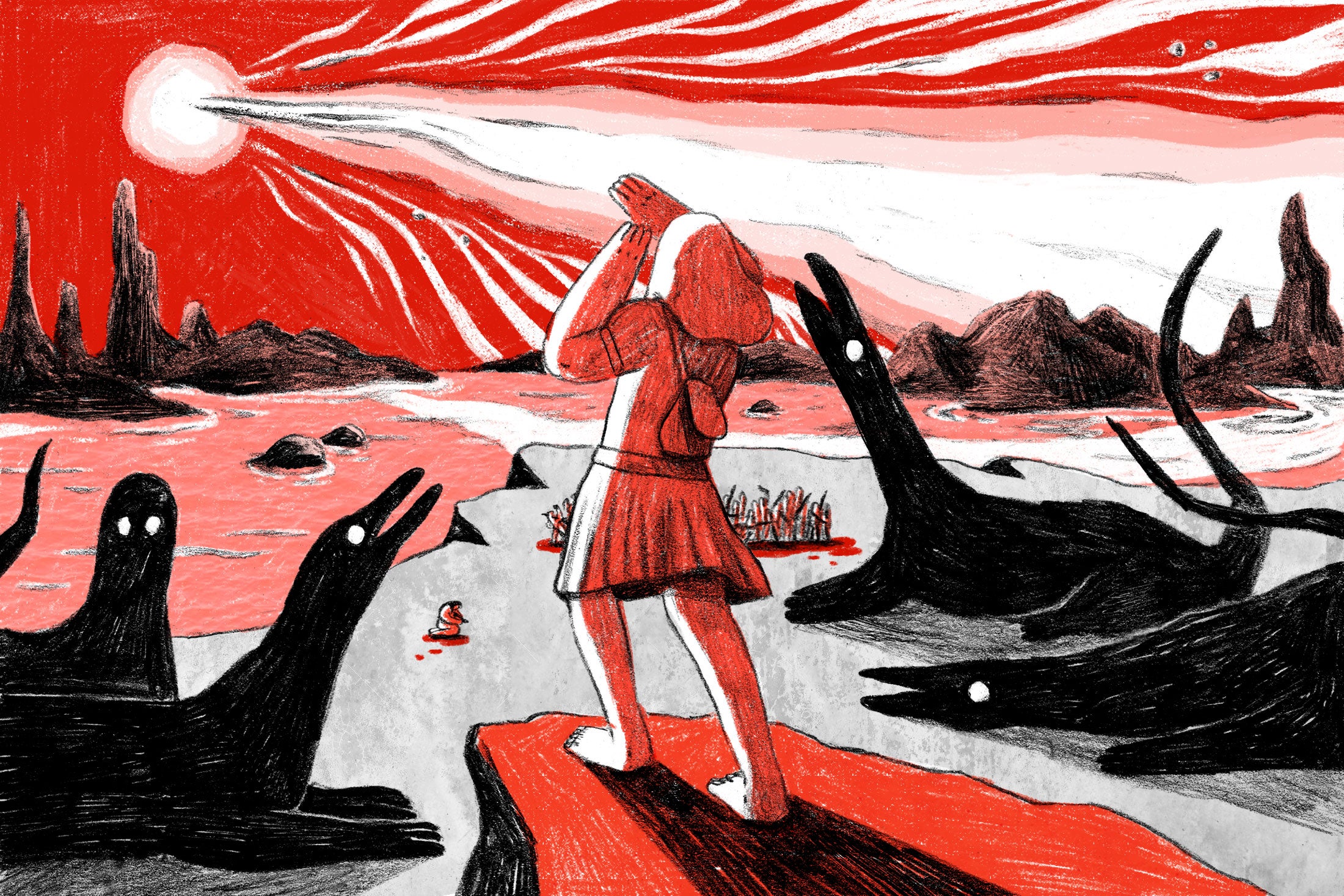 Illustration: A wandering woman journeys through a harsh and unforgiving landscape.