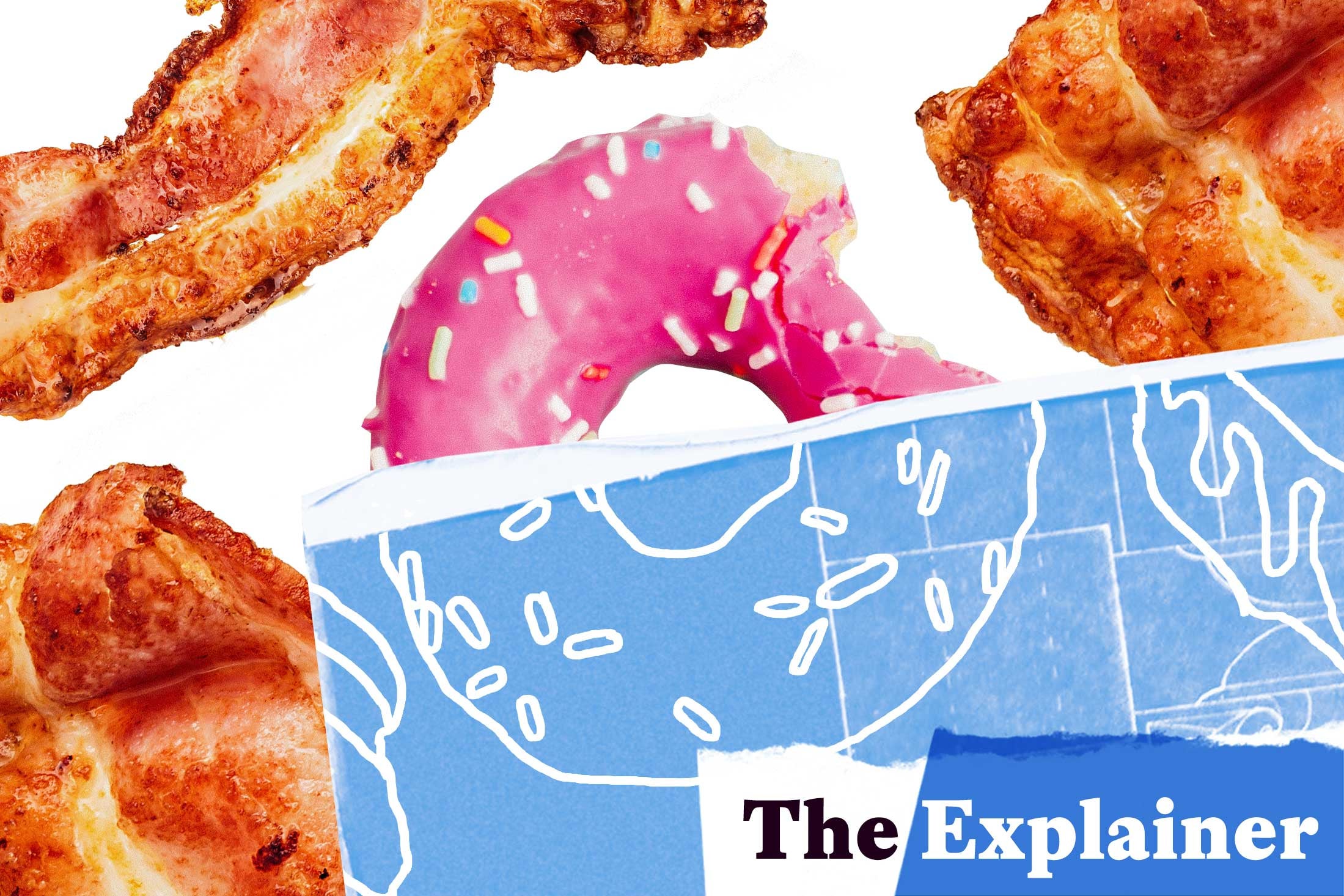 Donut and bacon strips overlaid with a blueprint.