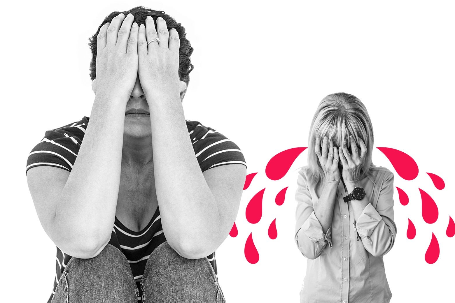 One woman covers her face in exasperation next to another woman covering her face and surrounded by teardrop graphics