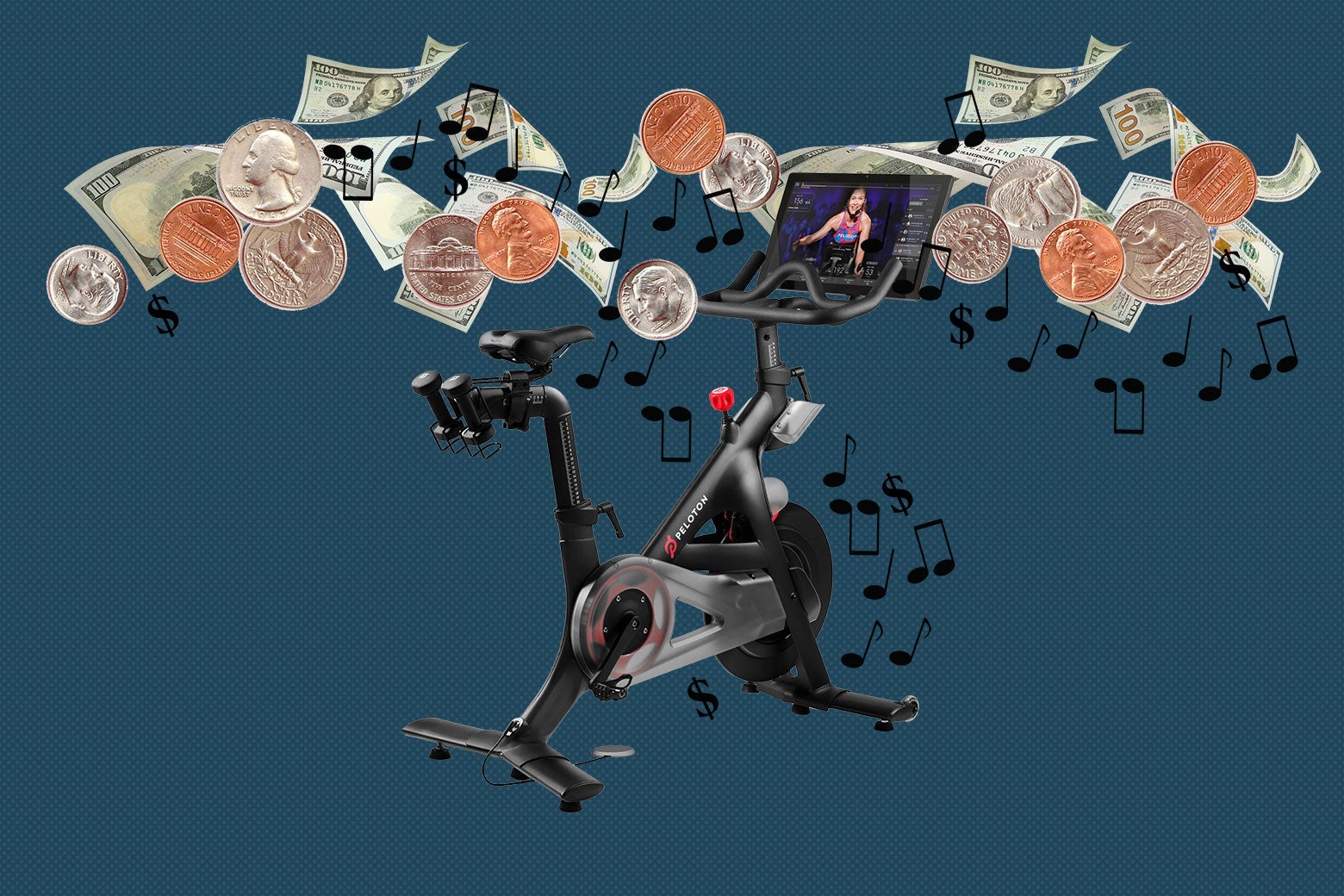 Photo collage of a Peloton bike with dollar bills, coins, dollar signs, and musical notes flowing around it