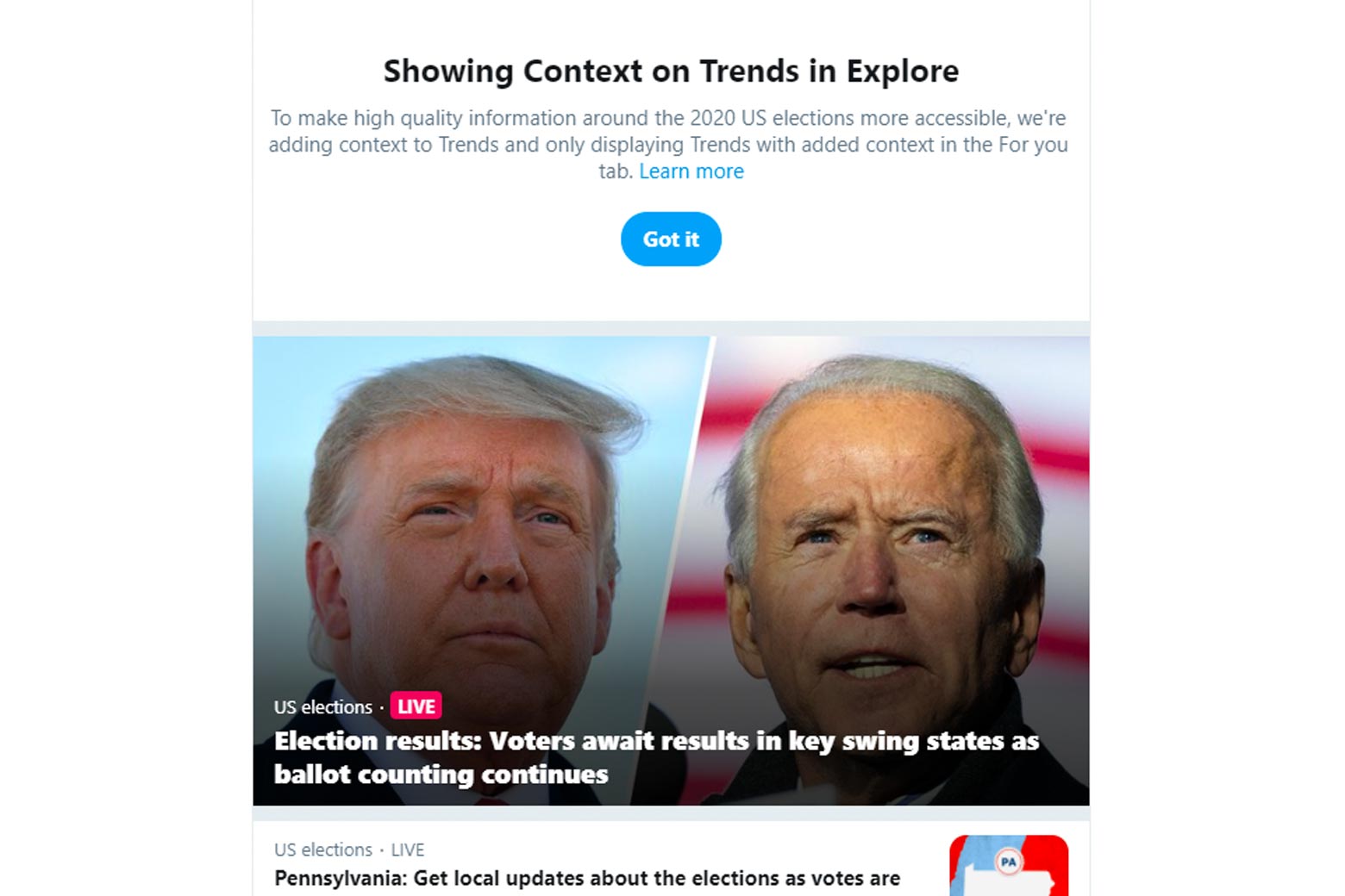 Twitter timeline of election results stories with a note at the top from Twitter on how and why the platform is "Showing Context on Trends"