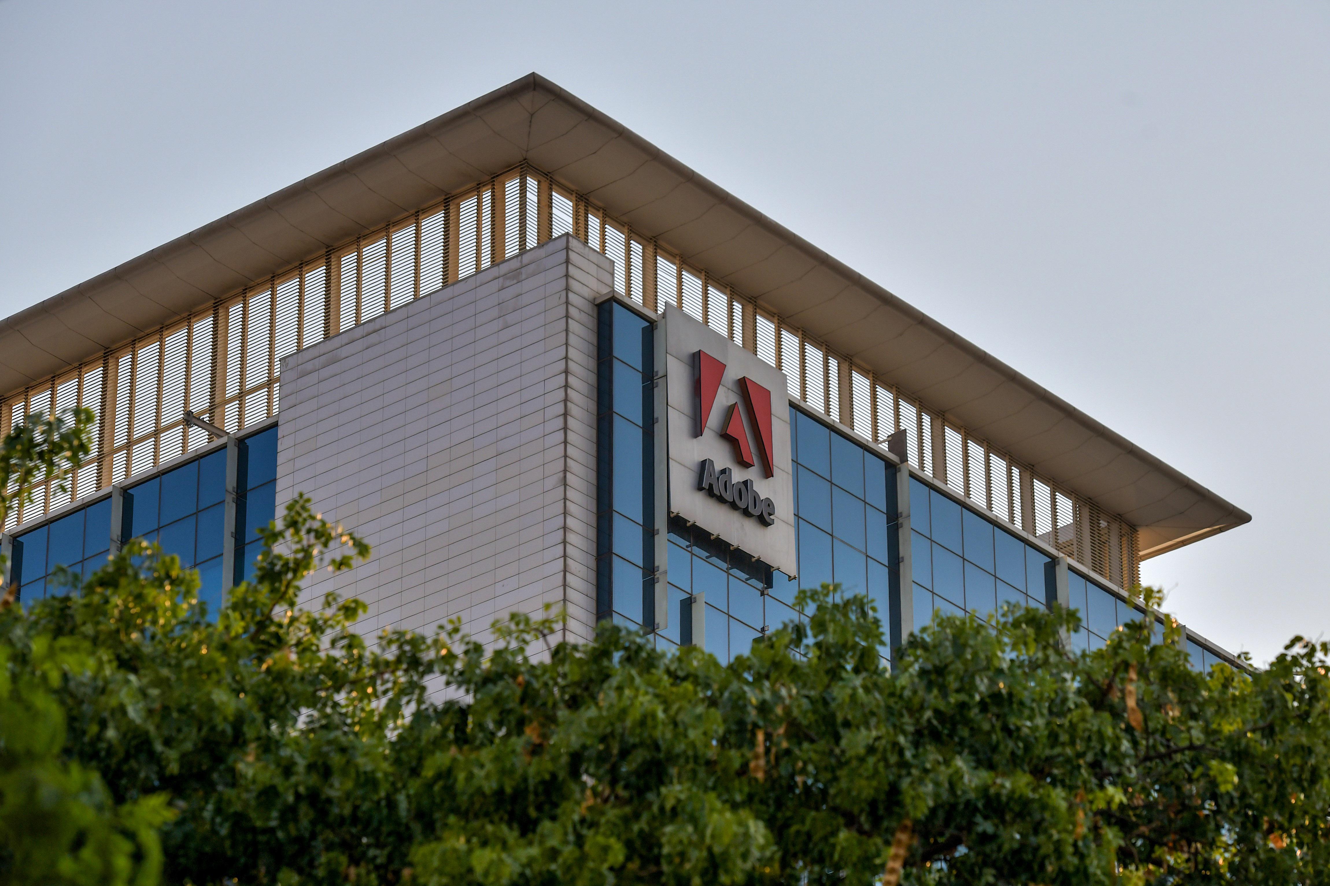 An office building with the Adobe software company logo