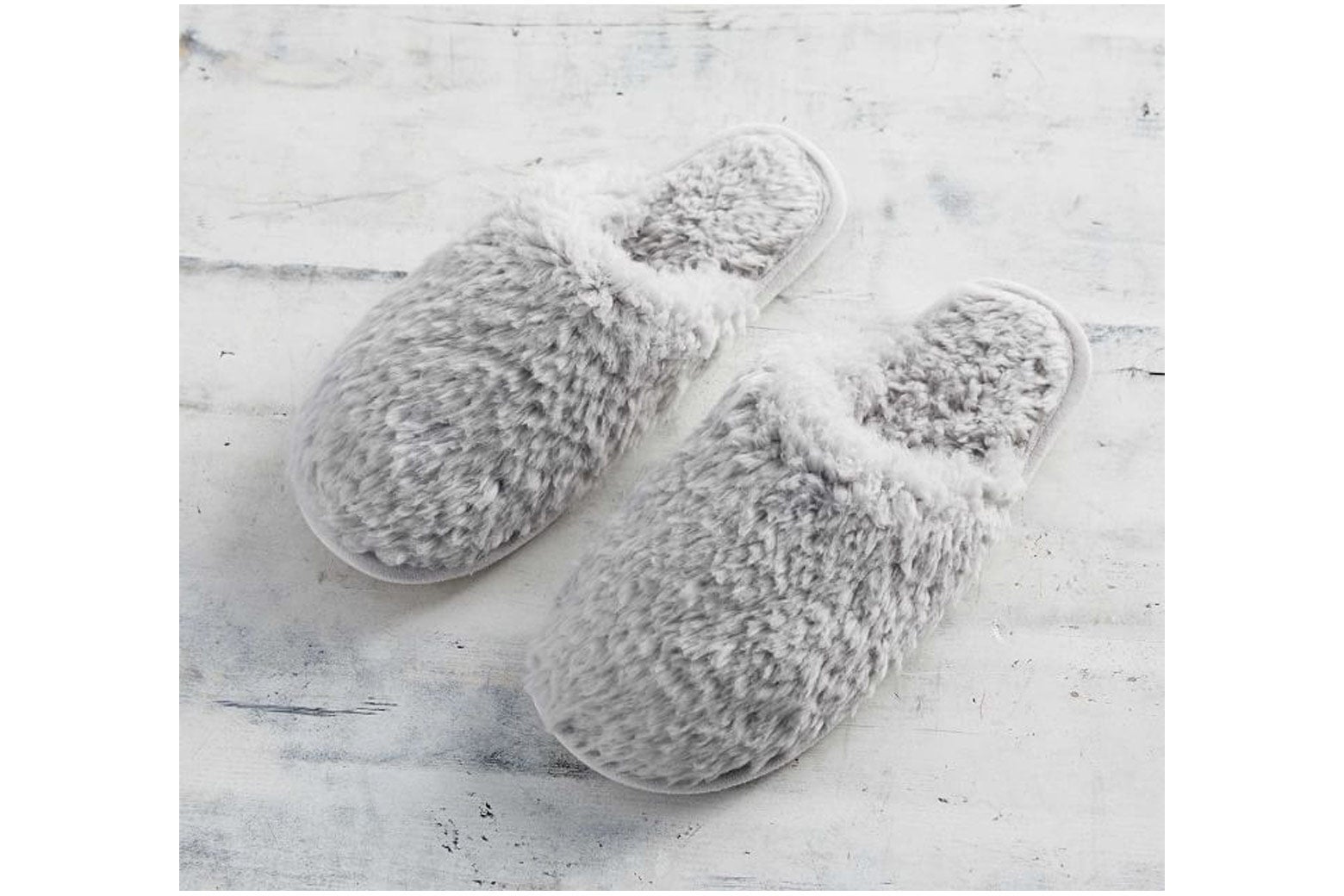 Gray fuzzy slippers.