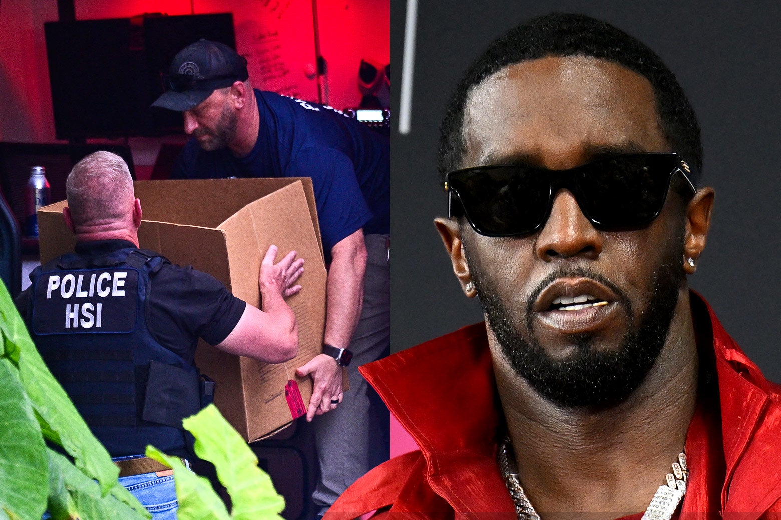 A side by side showing, on the left, men in bulletproof vests that read "Police HSI" carrying boxes. On the right, the rapper and mogul wears sunglasses, gold chains, and a red jacket or shirt with the collar popped.
