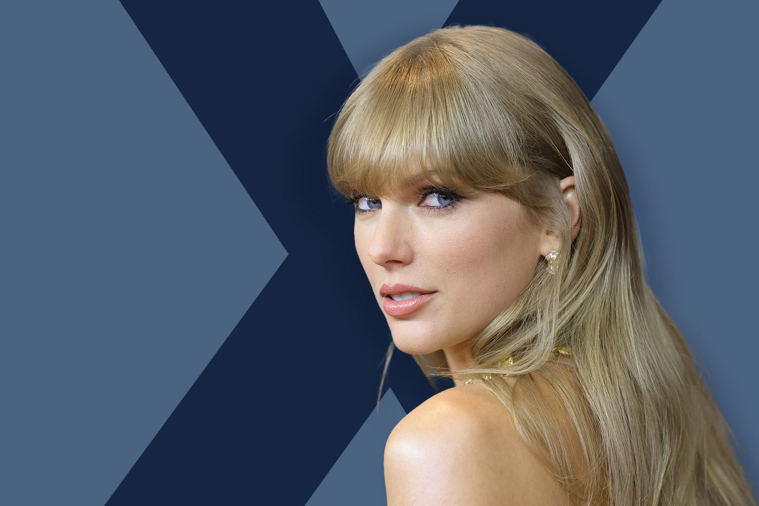 Taylor Swift looking back, set against a blue background with an "X" on it.