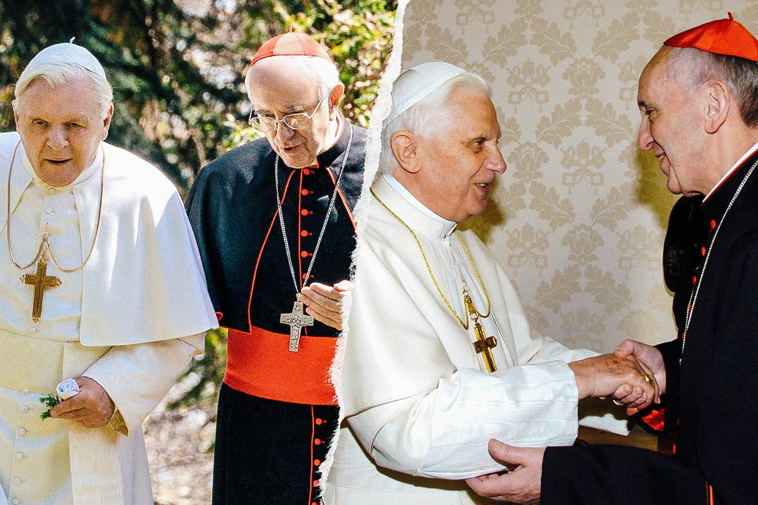 Hopkins and Pryce in The Two Popes; Pope Benedict XVI meets Cardinal Jorge Mario Bergoglio at the Vatican in 2007.