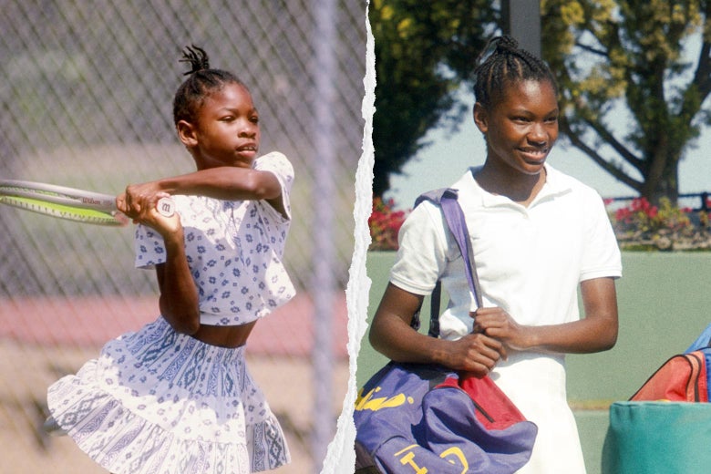 Both wear tennis shirts and skirts and smiles, with their hair braided and tied back in tight cornrows converging at the back of her head.