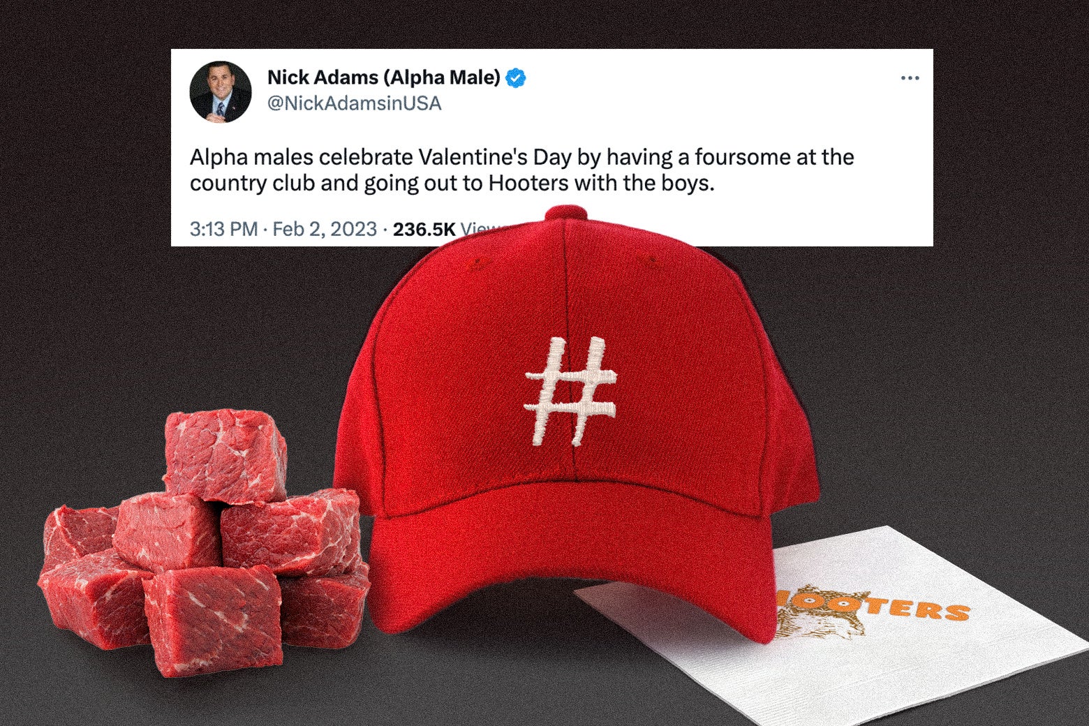 A collage of a red hat, raw meat, and a Hooters napkin.