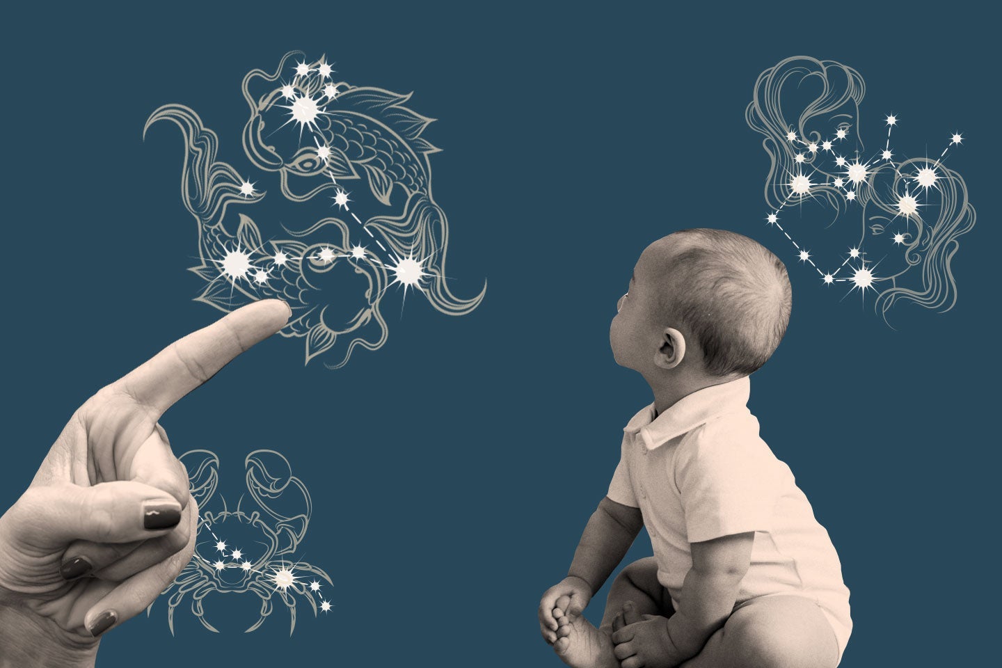 A grown-up hand pointing at a an illustration that represents the signs of the zodiac, as an infant looks toward them.
