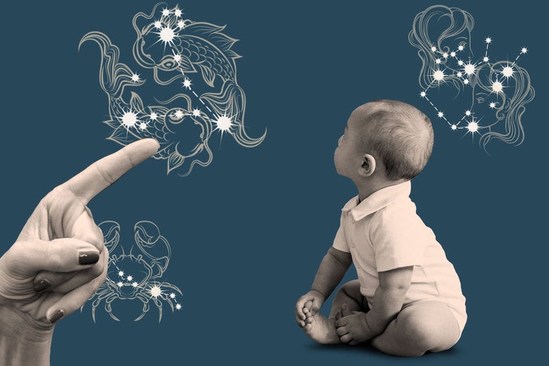 A grown-up hand pointing at a an illustration that represents the signs of the zodiac, as an infant looks toward them.