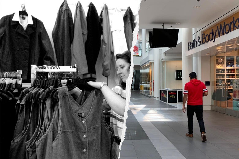 A black-and-white photo of the Pentagon City Mall seen side by side with a color photo of the mall.