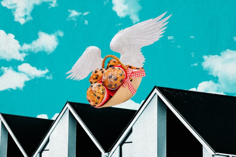 Collage of a basket of muffins with angel wings flighting above roofs. 