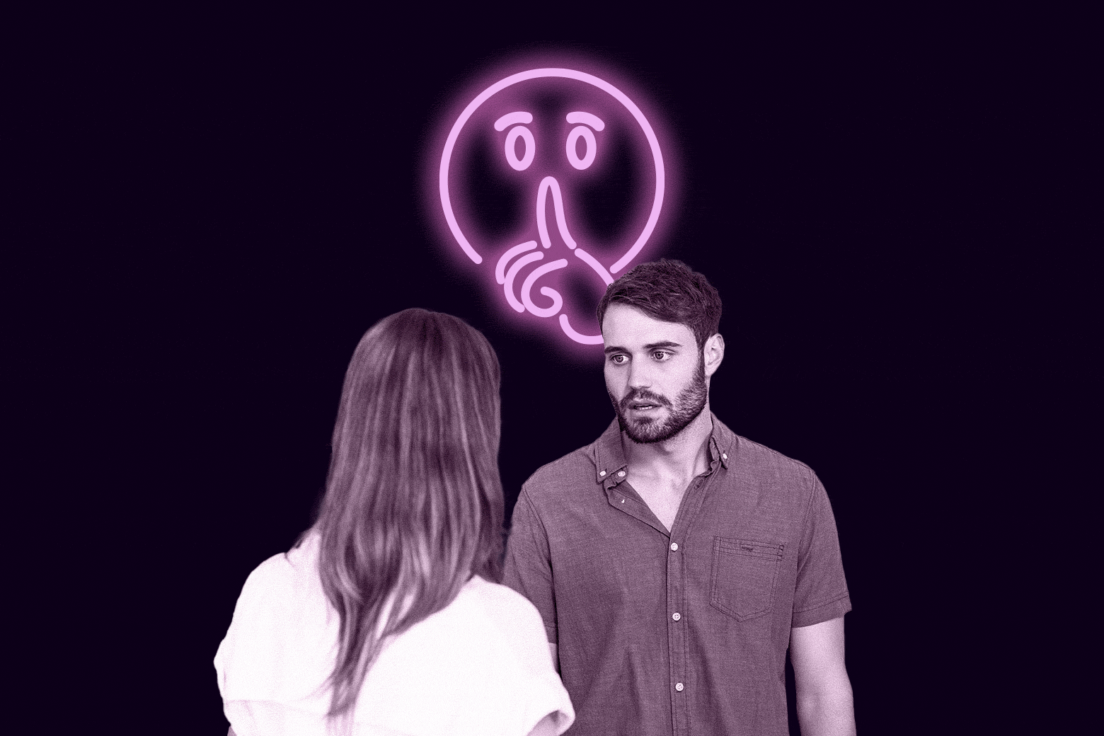 An angry looking man confronts a woman who is facing away from the camera. The man has a neon pink hush face emoji above him,.