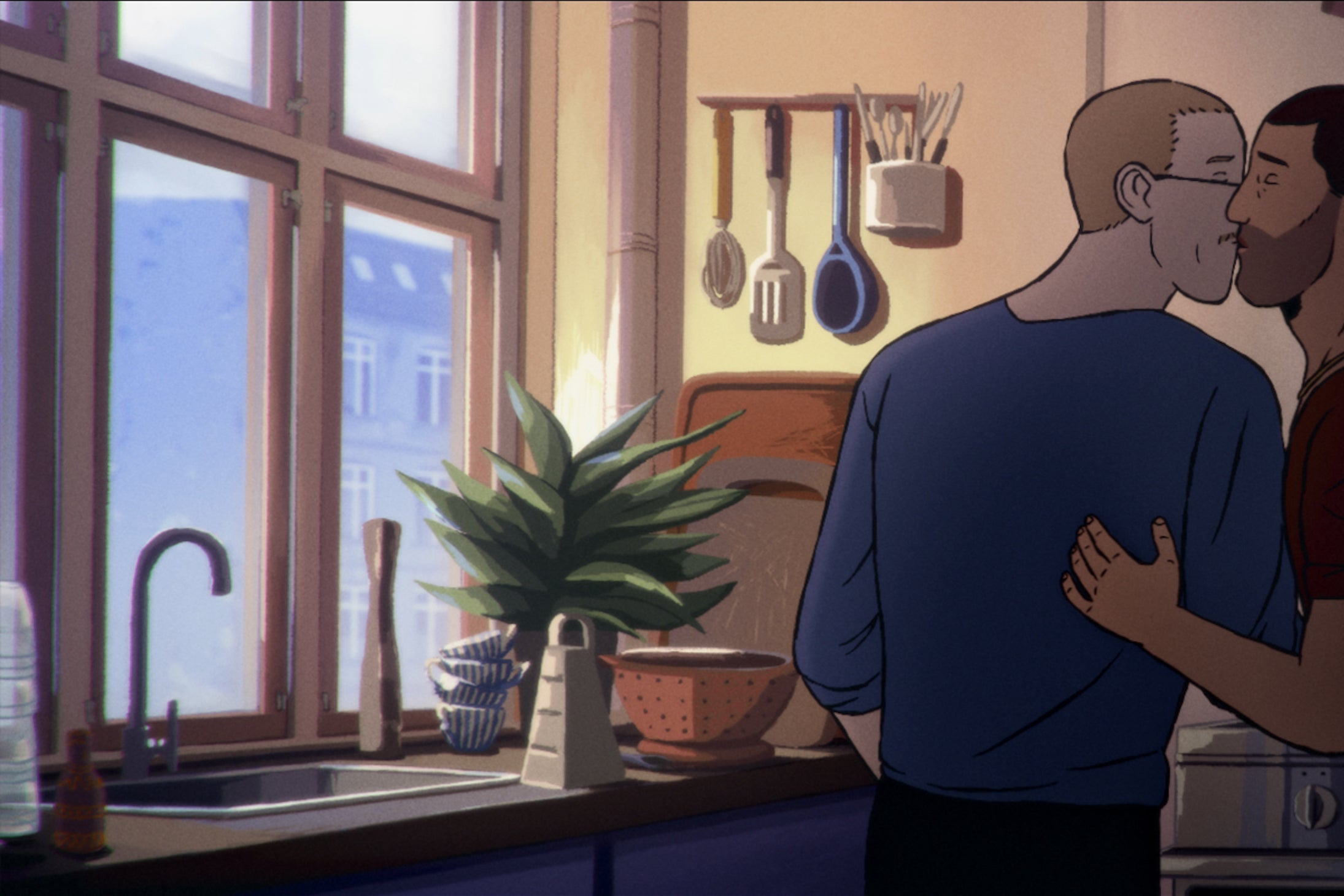 A neatly drawn kitchen scene showing two men, one lighter skinned and blond and the other darker skinned and darker haired, both with short hair, kissing