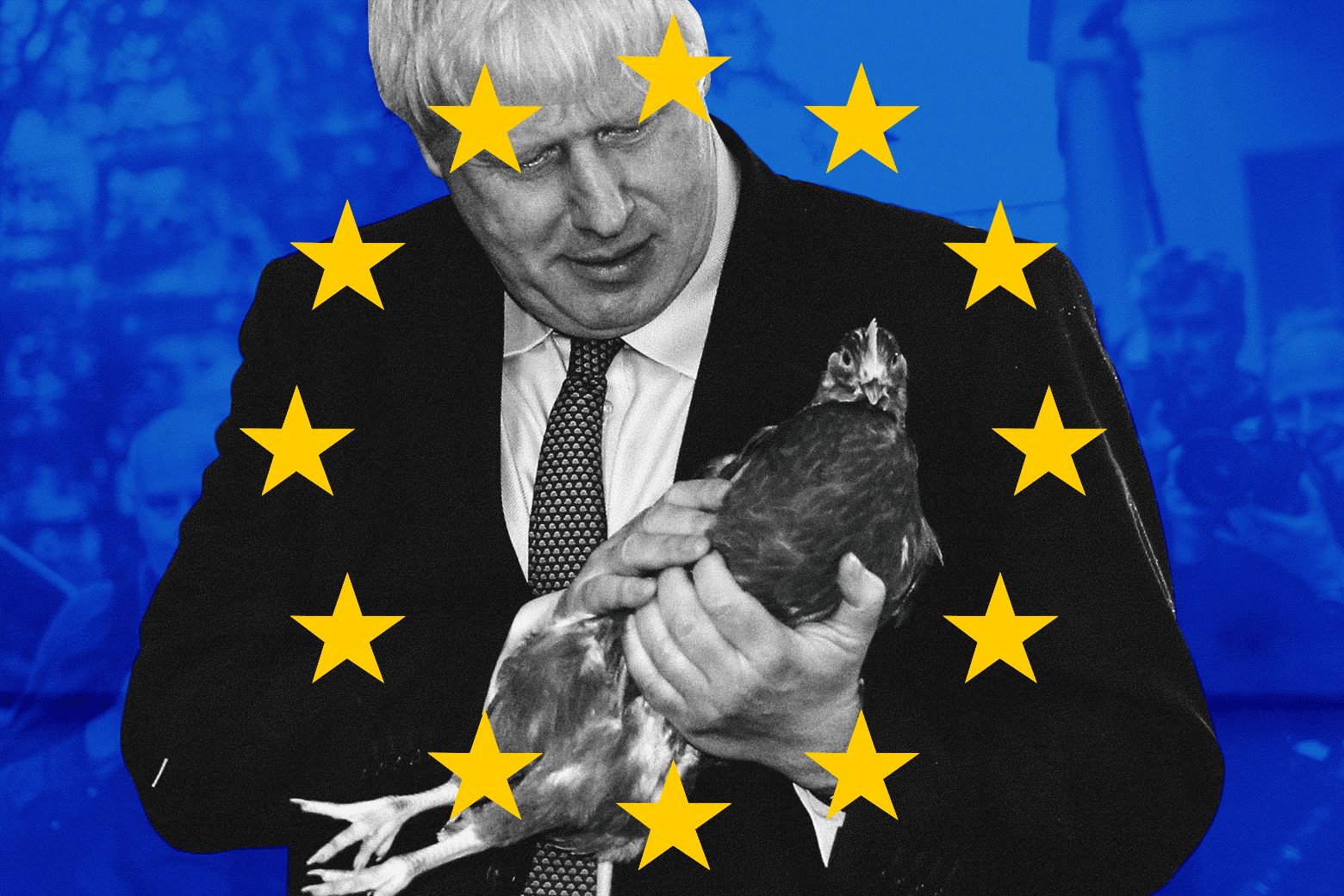 Boris Johnson holds a chicken.