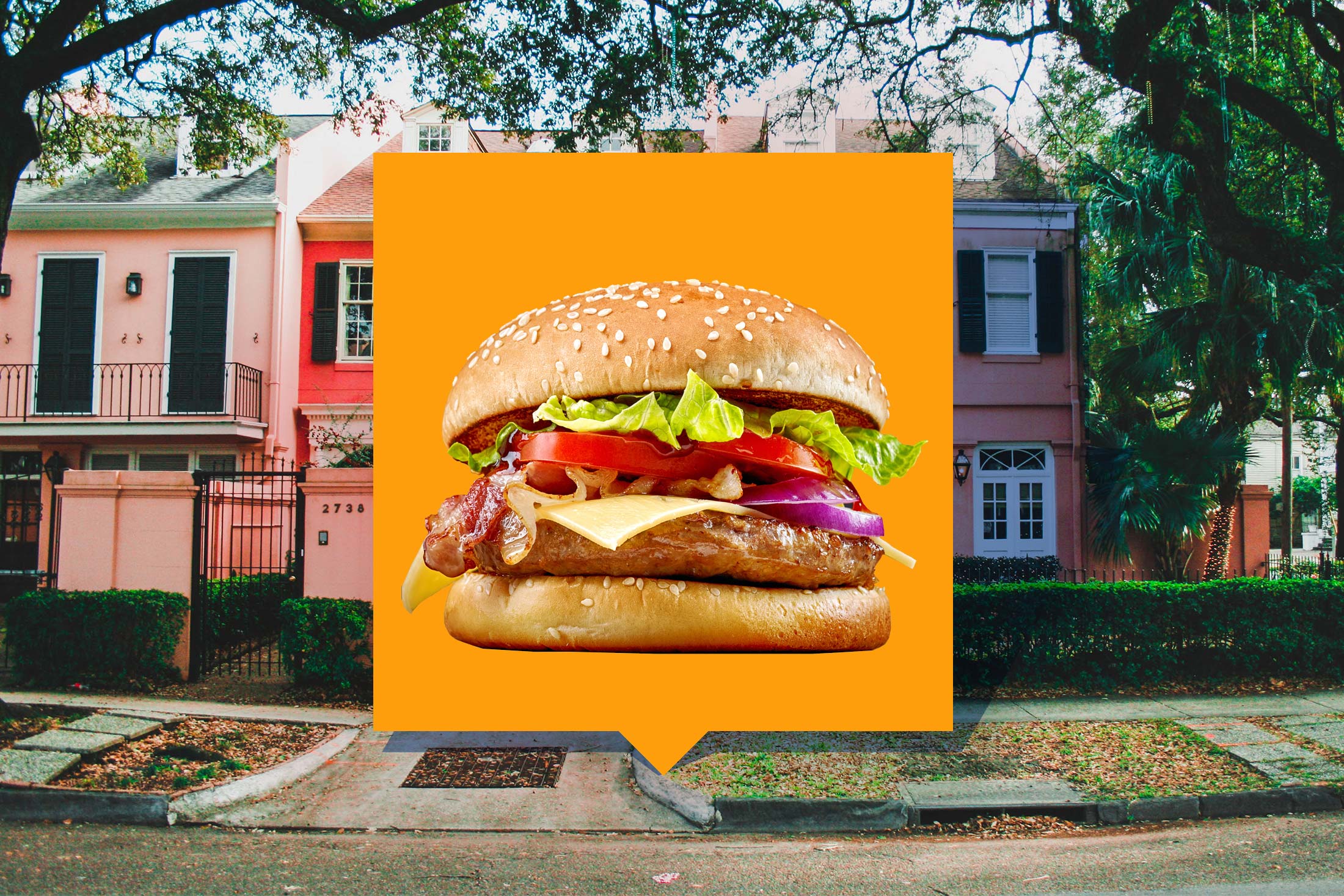 An augmented reality burger ad pops up over a house.