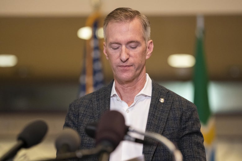Portland Mayor Ted Wheeler speaks to the media at City Hall on August 30, 2020 in Portland, Oregon. 