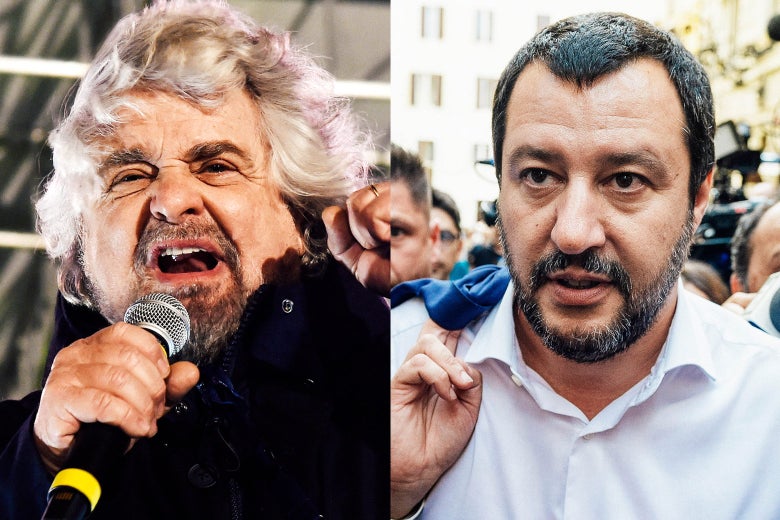 Side-by-side of political leaders Beppe Grillo and Matteo Salvini.