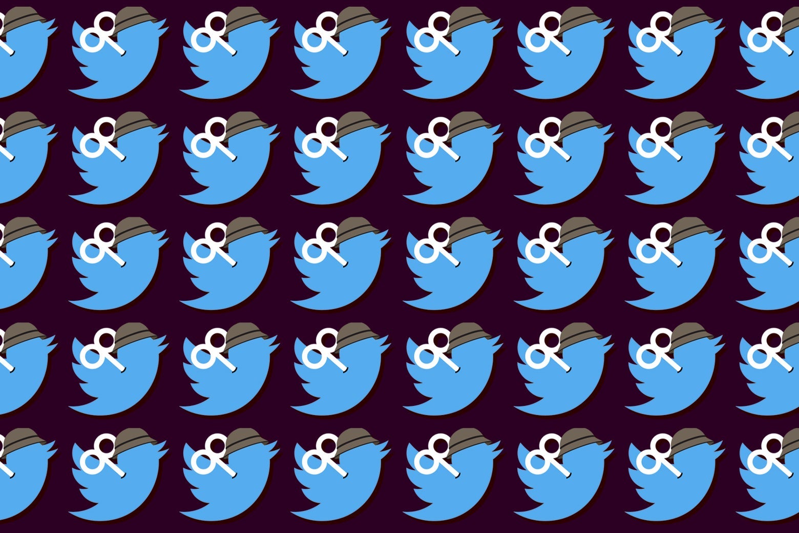 A repeating pattern of blue Twitter birds, each with a wind-up key and a helmet.