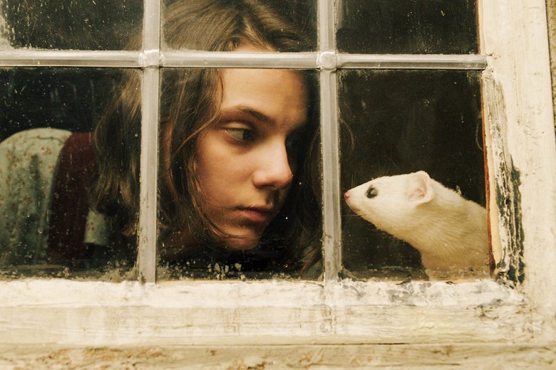 Dafne Keen, as Lyra Belacqua, looks at her daemon Pantalaimon while framed by a window.