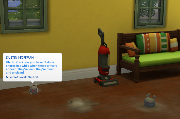 In a virtual living room, a small, red-eyed creature sits among piles of gray dust. A text box above reads: "Dustin Hoffman. Uh-oh. You know you haven't done chores in a while when these critters appear. They're lean, they're mean, and unclean!"