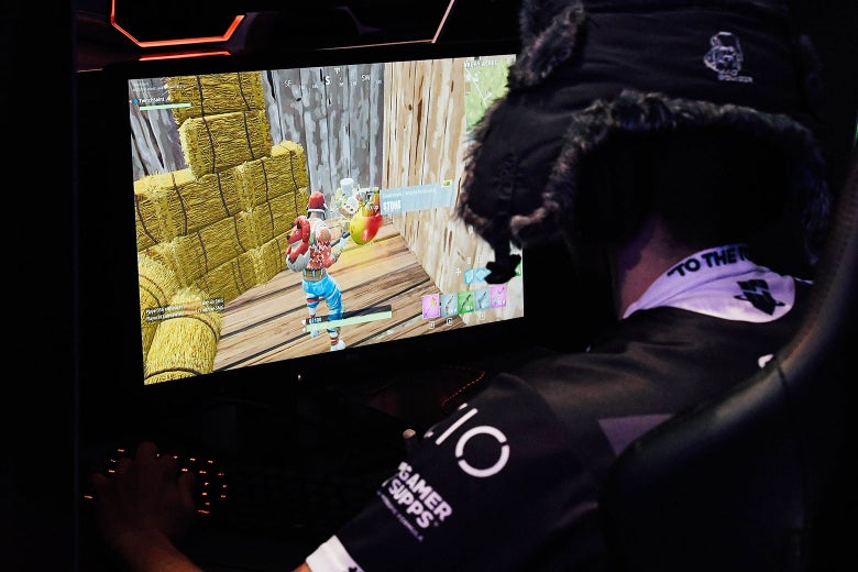 A gamer plays Fortnite against Twitch streamer and professional gamer Tyler “Ninja” Blevins during Ninja Vegas ’18 at Esports Arena Las Vegas at Luxor Hotel and Casino on April 21.