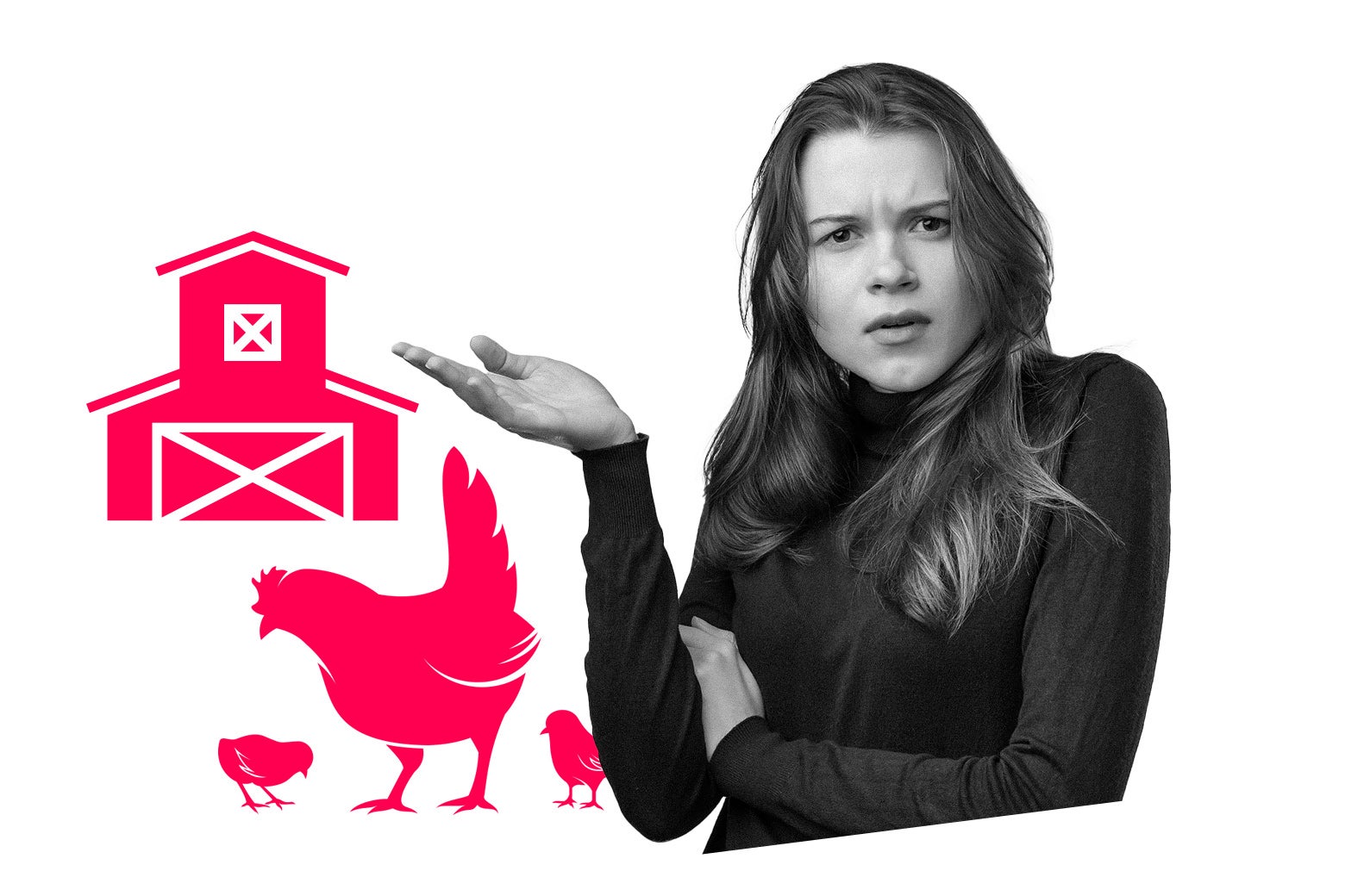 A woman gestures in disbelief at a farm scene.