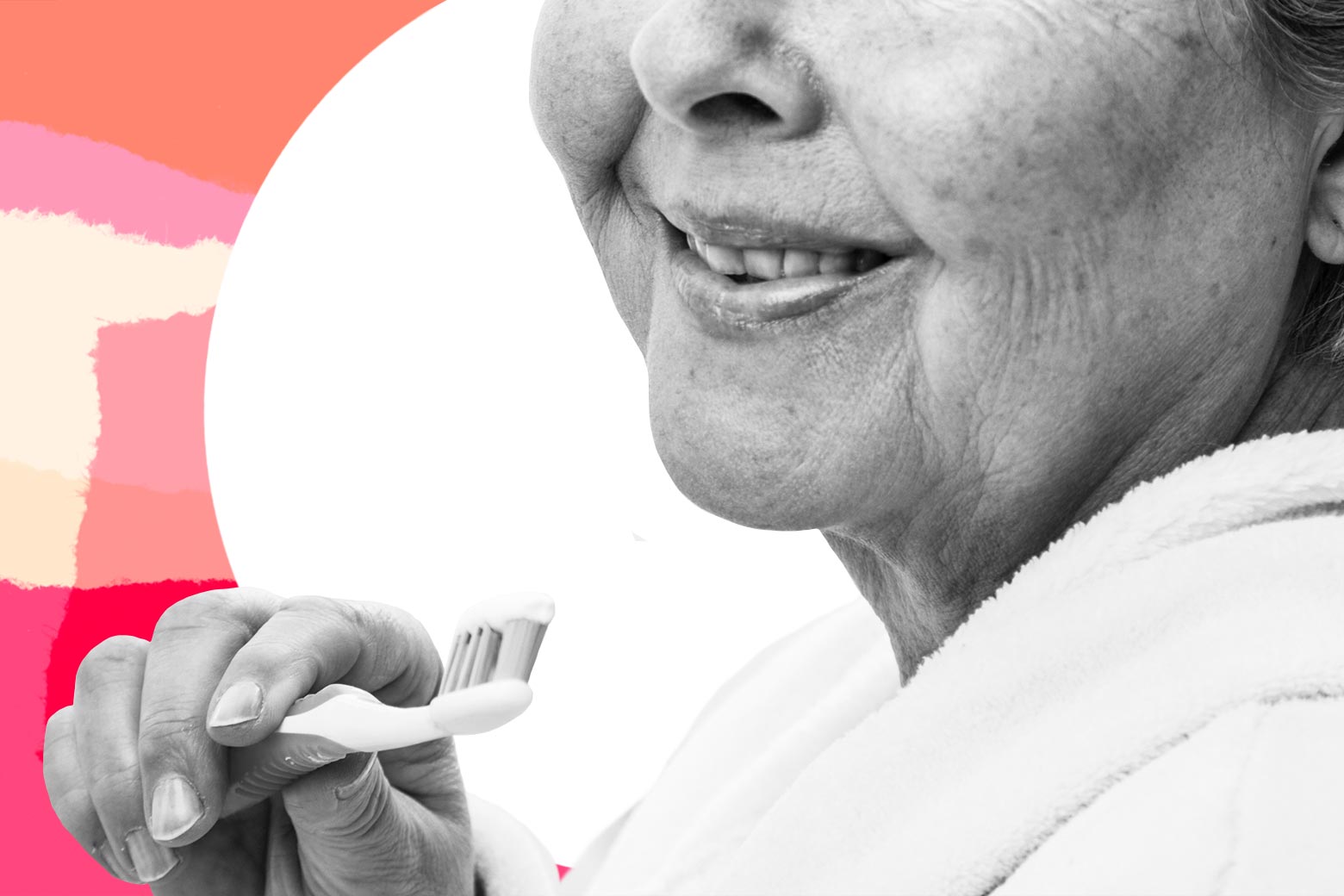 Photo illustration of an old woman smiling while holding a toothbrush.