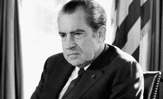 US President Richard Nixon sits in the Oval Office of the White House During Watergate scandal February 2, 1974 in Washington DC. 
