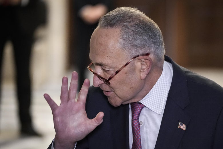 Chuck Schumer turns his face to the side and puts his hand up by his face as he speaks to reporters