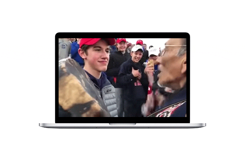 An animation showing video of the MAGA teen playing on one laptop, then two laptops, then nine laptops, with each screen stopped at a different moment in the video.