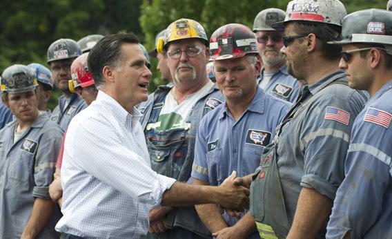Mitt Romney greets coal miners following a campaign event at the American Energy Corporation in Ohio.