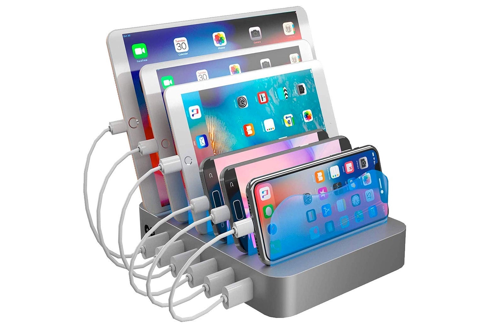 Charging station with several tablets and smartphones docked in it