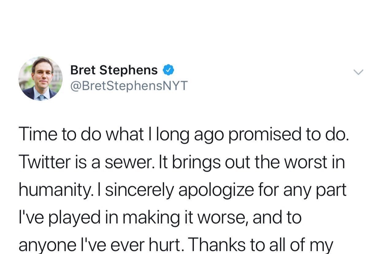 Screenshot of Bret Stephens tweet announcing he's shutting down his Twitter account.