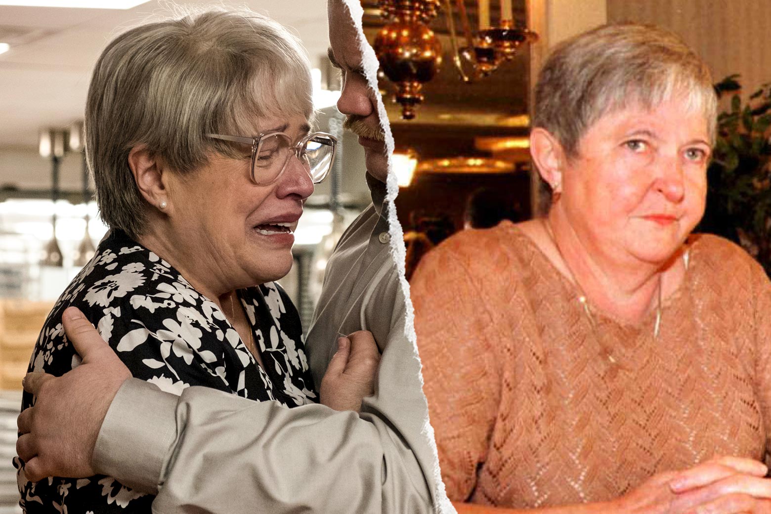 Bates' Bobi Jewell cries in someone else's arms while the real Jewell stares into the camera.