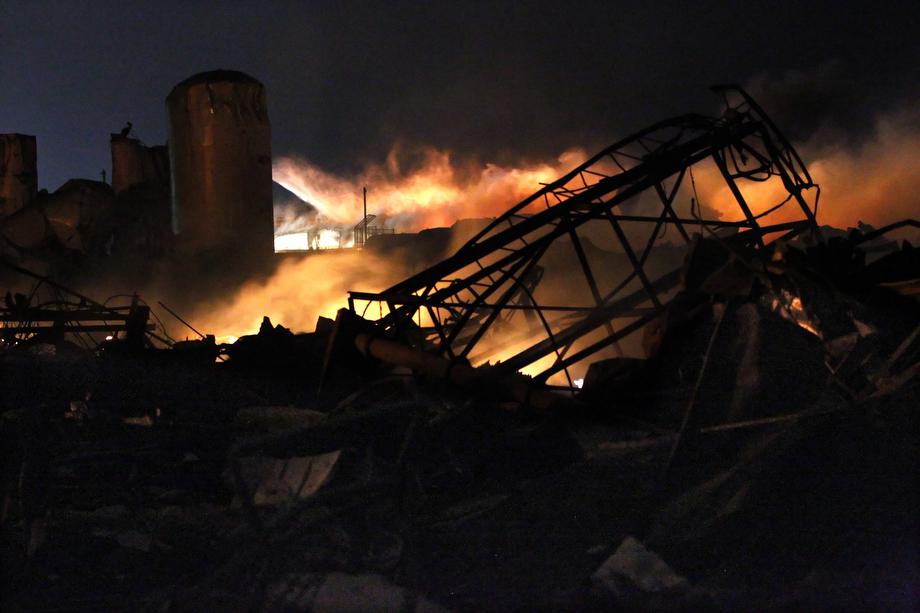Smoke rises as water is sprayed at the burning remains of a fertilizer plant after an explosion at the plant in the town of West, near Waco, Texas early April 18, 2013. 