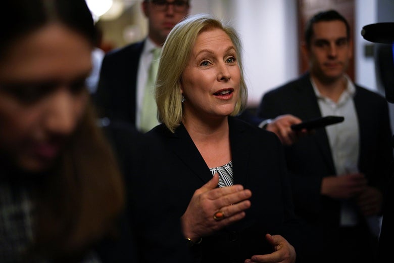 WASHINGTON, DC - DECEMBER 12:  U.S. Sen. Kirsten Gillibrand (D-NY) speaks to members of the media as she leaves after a news conference December 12, 2017 on Capitol Hill in Washington, DC. The lawmaker held a news conference to discuss 'the Stop Underrides Act of 2017,' legislation designed to prevent deadly truck underride crashes, which occur when a car 'slides under the body of a large truck, such as a semi-trailer, during an accident.'  (Photo by Alex Wong/Getty Images)
