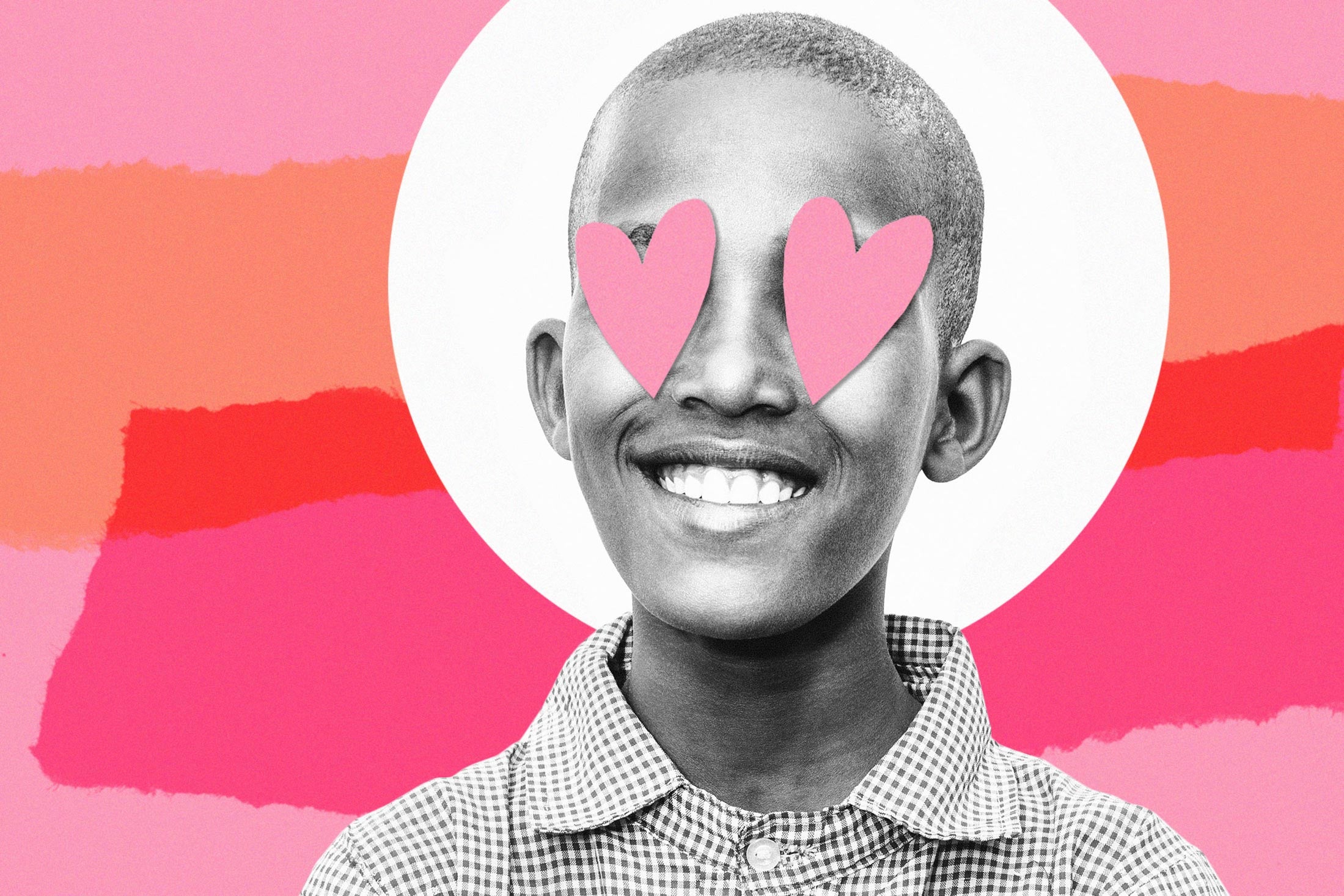 13 year old boy with hearts over his eyes, photo collage.
