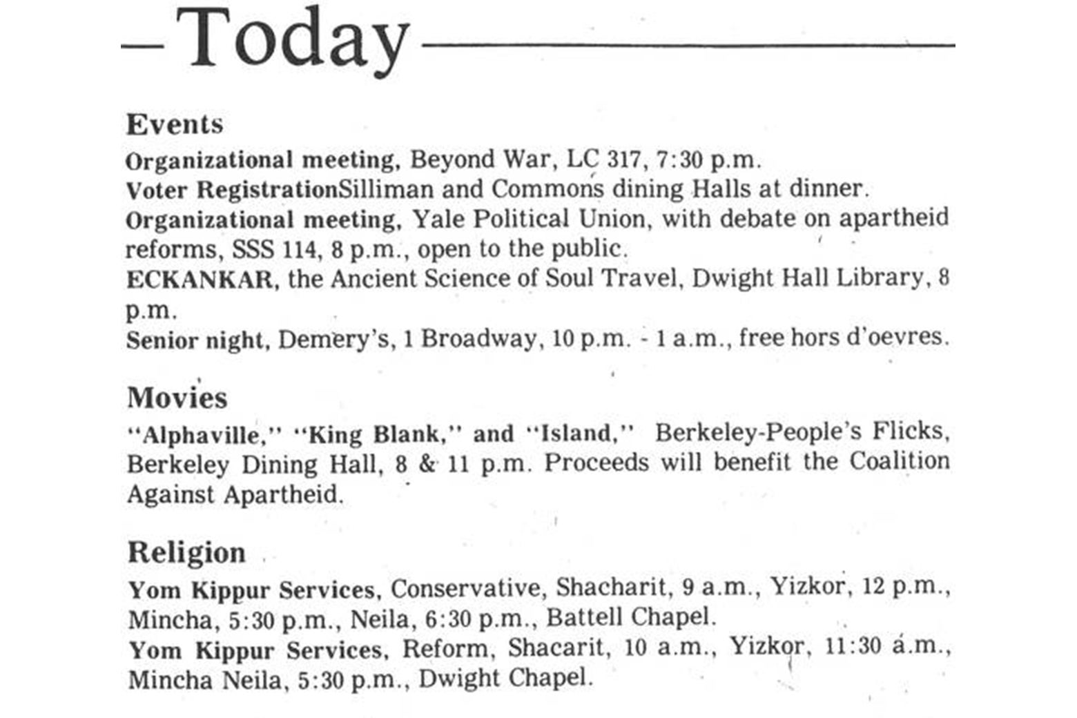 A list of campus events from the Yale Daily News, including hor d'ouevres at Demery's.