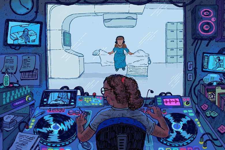 Woman receiving radiation therapy wearing headphones with a person performing at a DJ setup in the foreground.