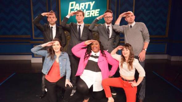 PARTY OVER HERE:  L-R: Jorma Taccone, Andy Samberg, Akiva Schaffer, Paul Scheer, Jessica McKenna, Nicole Byer and Alison Rich.  PARTY OVER HERE is a new late-night half-hour sketch comedy series produced by the Emmy Award-winning and Grammy Award-nominated comedy trio The Lonely Island and actor / comedian Paul Scheer. PARTY OVER HERE will premiere Saturday, March 12 (11:00-11:30 PM ET/PT) on FOX.  Cr: Erica Parise/FOX 