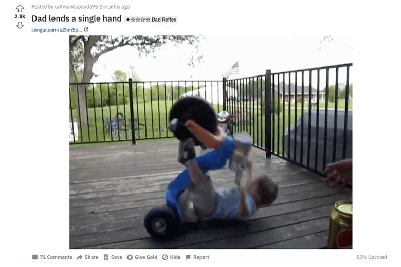 A child falling backwards off of a Big Wheel.