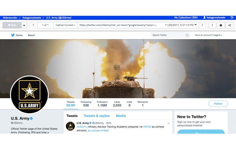 Screenshot of author's web archive of @USArmy, providing a window into what the Twitter account looked like on Nov. 27, 2017.